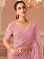 Womens Georgette Pink Embellished Saree with Unstitched Blouse - Image 2