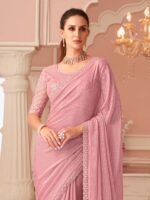 Womens Georgette Pink Embellished Saree with Unstitched Blouse - Image 3