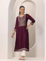 Wine Yoke Design Silk Kurta - Image 4