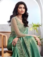 Womens Chiffon Sea Green Embellished Designer Saree with Unstitched Blouse - Image 2