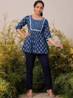 Indigo Printed Cotton A-Line Kurti - Image 4