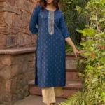 Blue Woven Design Cotton Straight Kurta