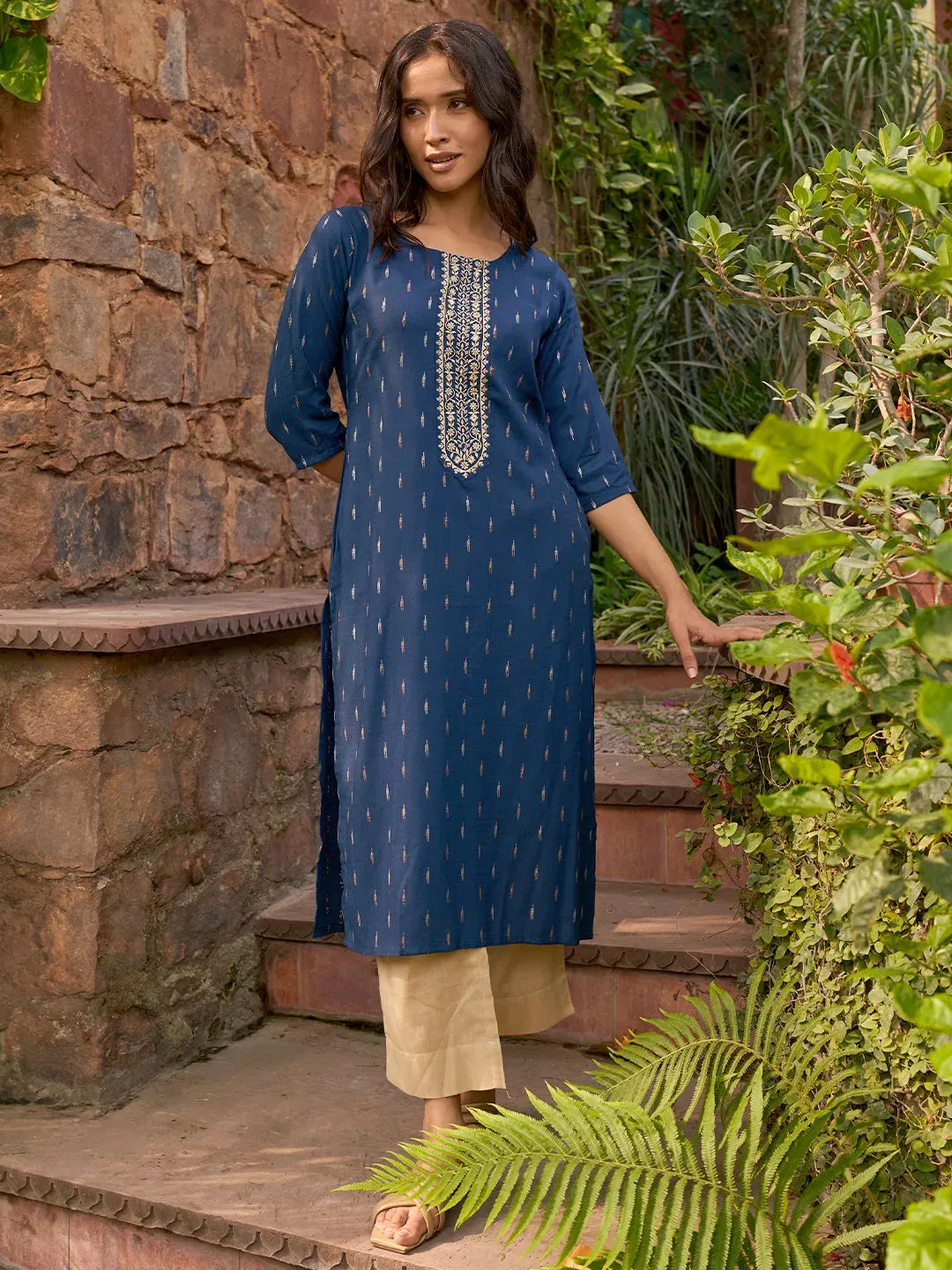 26972_1_e0c0eaf0-45dd-462a-94ca-2716bbeadacd.webp Blue Woven Design Cotton Straight Kurta - Image 1