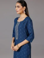 Blue Woven Design Cotton Straight Kurta - Image 3