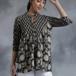 Black Printed Cotton A-Line Kurti