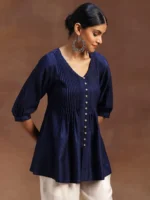 Blue Woven Design Silk Blend A-Line Kurti - Image 2