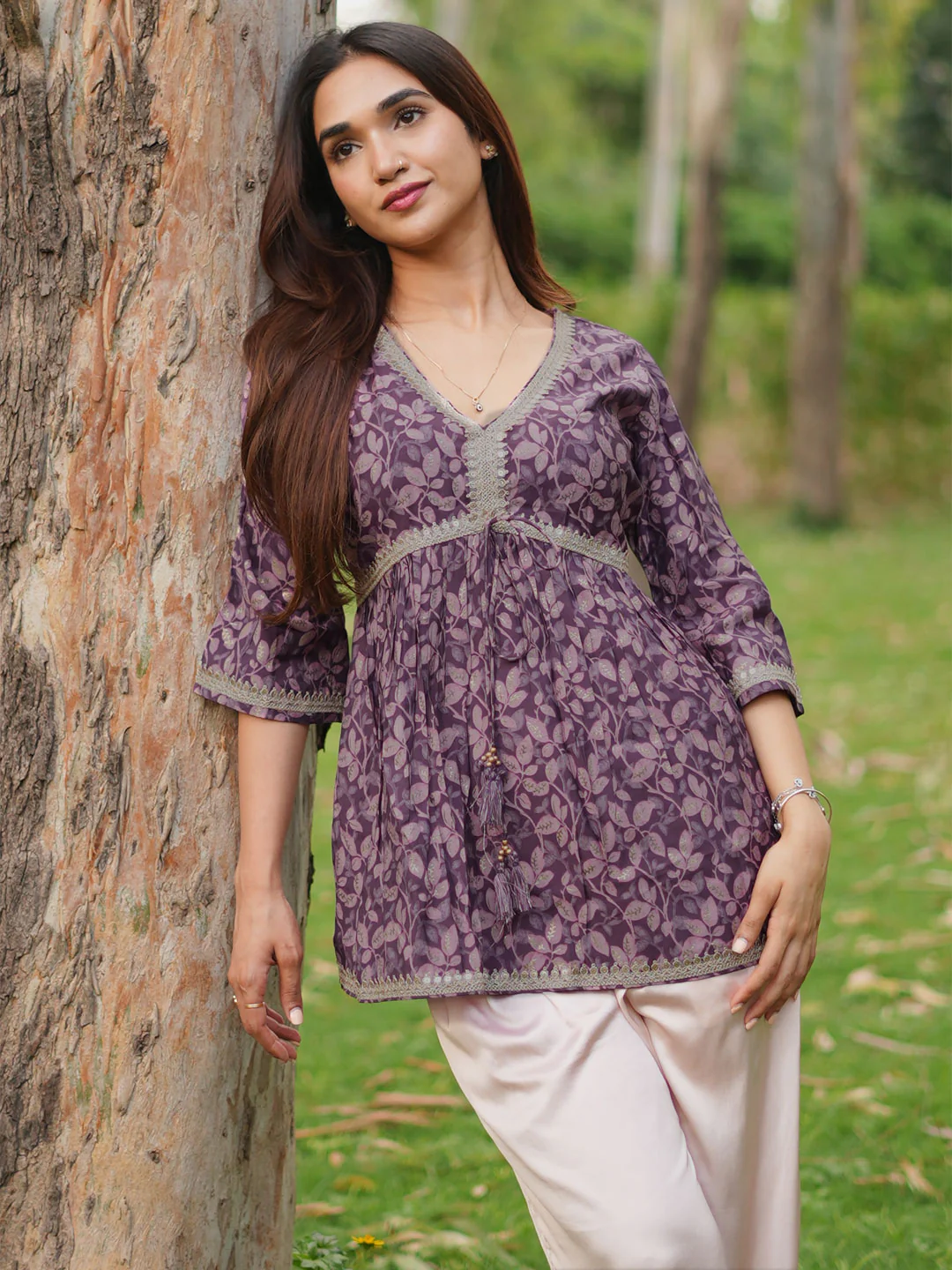 291580R-1.webp Purple Printed Silk Blend A-line Kurti - Image 1