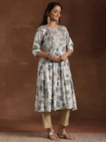 Blue Printed Silk A-Line Kurta - Image 3
