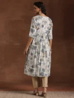 Blue Printed Silk A-Line Kurta - Image 4