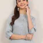 Blue Solid Cotton Blend Straight Kurta
