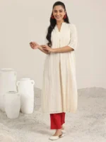Off White Woven Design Cotton Straight Kurta - Image 4