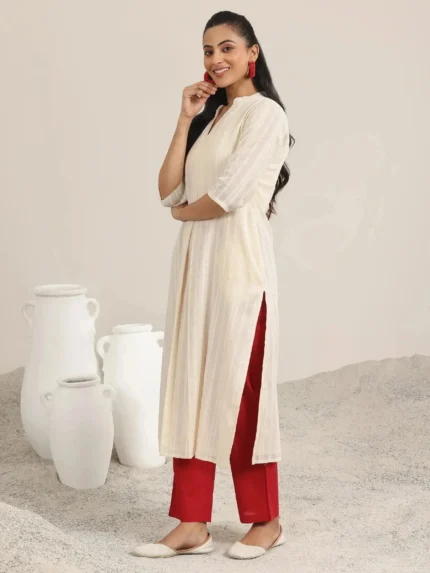 Off White Woven Design Cotton Straight Kurta