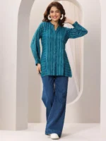 Teal Blue Woven Design Cotton Blend Straight Short Kurti - Image 5