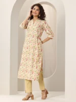 Beige Printed Silk Blend Straight Kurta - Image 2
