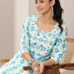 Blue Printed Silk Blend Straight Kurta