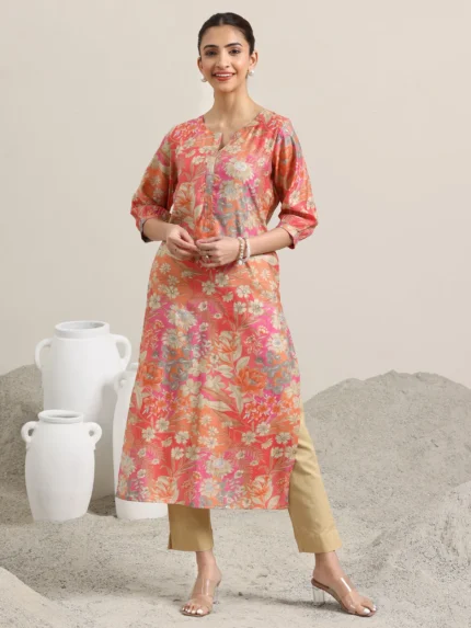 Peach Printed Silk Blend Straight Kurta