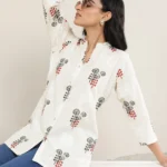 Off White Printed Cotton Straight Short Kurti