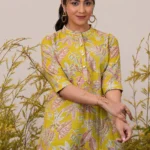 Yellow Printed Silk Blend A-Line Kurti