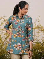 Blue Printed Silk Blend A-Line Kurti - Image 2