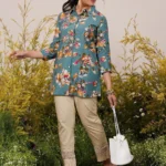 Blue Printed Silk Blend A-Line Kurti