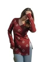 Women's Floral Print V-Neck Long Sleeve Casual Short Kurti Top