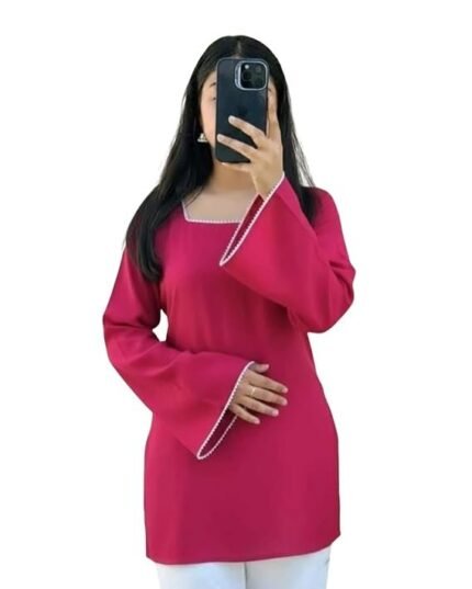 Women Short Cotton Kurti - Square Neck Long Sleeve | Casual Office Wear | Comfortable Daily Top