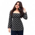 Women's Rayon Printed Short Kurti | Square Neck Top | Full Sleeve Fitted Tunic Top with Back Tie-Up