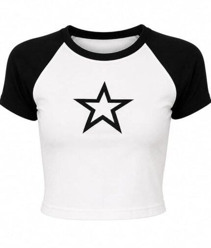 Womans Crop Top Grahic Printed Star Two-Tone Short Sleeve Graphic T-Shirt