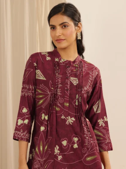 Maroon Printed Silk Blend Straight Short Kurti
