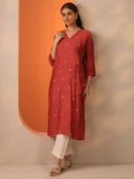Rust Embroidered Silk Blend Straight Kurta