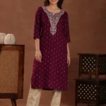 Maroon Woven Design Cotton Straight Kurta