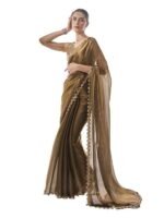 Women's Organza Lightweight Lace Work Saree With Art Silk Sequence Work Golden Unstitched Blouse Piece
