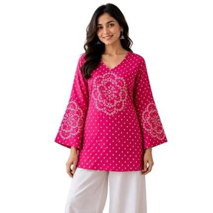 Women's Bandhani Print Pure Cotton Short Kurti Top | V-Neck Flared Tunic | Full Bell Sleeve Casual Ethnic Kurta for Women | Regular Fit