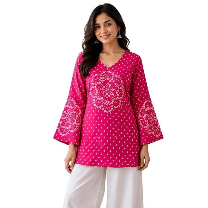 61EgzeUkMGL._SX679_.jpg Women's Bandhani Print Pure Cotton Short Kurti Top | V-Neck Flared Tunic | Full Bell Sleeve Casual Ethnic Kurta for Women | Regular Fit - Image 1