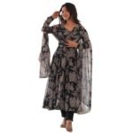 Women's Heavy Pure Soft Georgette Anarkali V-neck Long Sleeve Kurti With Matching Pant and Digital Printed Work Heavy Matching Dupatta Set.