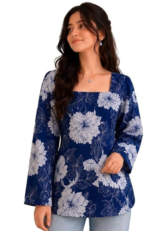 61aJtAmVlsL._SY741_-1.jpg Women's Short Kurti for Women | Square Neck Floral Printed Kurti | Full Sleeve Casual Kurti Top | Stylish Ethnic Tunic for Jeans | Regular Fit Office Wear - Image 1