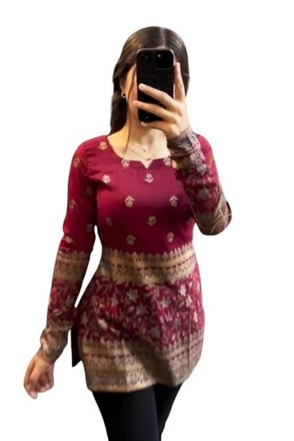 Women's Printed Short Kurti, Maroon Traditional Pattern