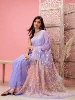 Hand Embroidered Blue - Yellow Georgette Lucknowi Chikankari Saree with Unstitched Blouse - Image 5