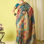 Teal Woven Viscose Saree with Unstitched Blouse