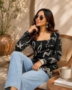 Women’s Black Printed Short Kurti | Stylish Square Neck Full Sleeve Tunic Top | Abstract Print Casual Kurta | Trendy Ethnic for Women - Image 3