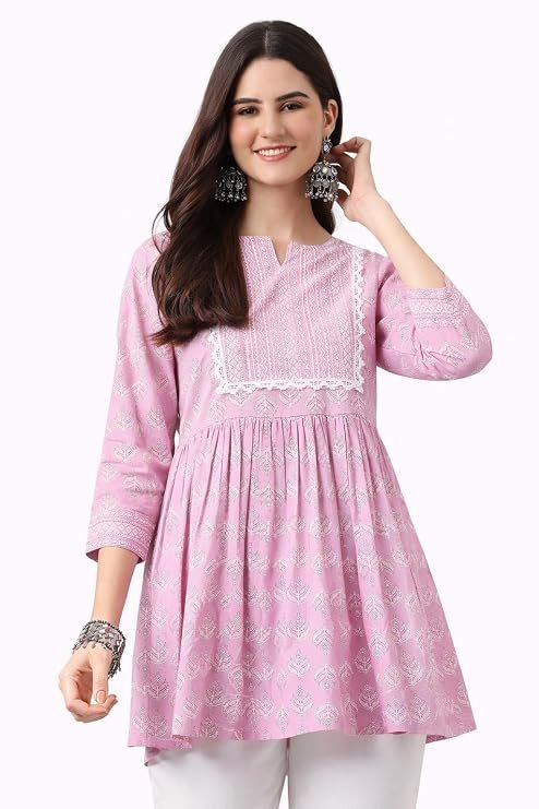 71Yo24YZeXL._SY741_.jpg Women’s Viscose Rayon Printed Kurti Top 3/4 Sleeve A-Line Kurti for Women - Image 1