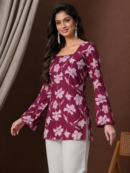 Rayon Floral Print Short Kurti for Women | Square Neck Long Sleeve Top for Women | Criss Cross Back Desing Kurti | Soft Breathable Fabric | Relaxed Fit | Casual and Office Wear