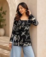 Women’s Black Printed Short Kurti | Stylish Square Neck Full Sleeve Tunic Top | Abstract Print Casual Kurta | Trendy Ethnic for Women