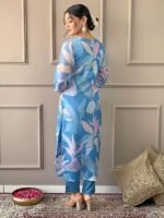 Women's Sky Organza with Cotton Lining Embroidered and Printed Straight Kurta with Rayon Pant and Organza Laced Dupatta Sets - Image 4