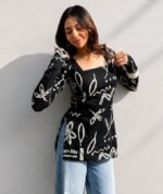 Women’s Black Printed Short Kurti | Stylish Square Neck Full Sleeve Tunic Top | Abstract Print Casual Kurta | Trendy Ethnic for Women - Image 2