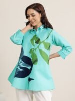 Blue Printed Cotton Blend Straight Short Kurti