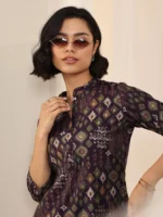 Burgundy Printed Silk Blend Straight Short Kurti - Image 2