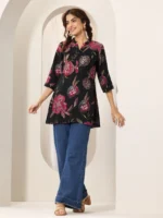 Black Printed Silk Blend Straight Short Kurti - Image 4