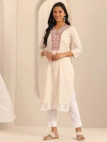 Off White Yoke Design Cotton Blend Straight Kurta - Image 2