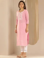 Pink Embroidered Cotton Blend Straight Kurta - Image 2